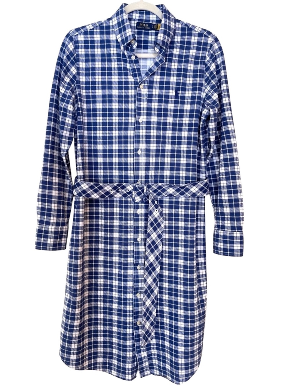 Polo Ralph Lauren Plaid Midi Shirtdress L Royal Blue White Preppy Casual Modest
